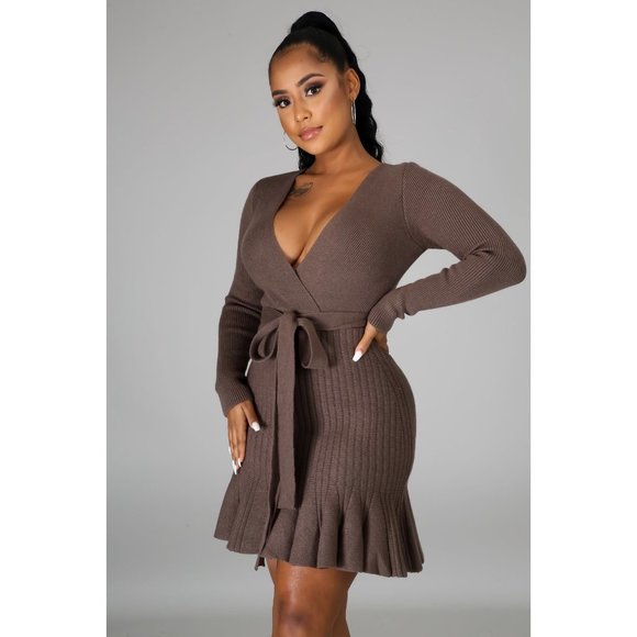 Mocha Long Sleeve Tie Waist Mini Dress #1727 - Picture 4 of 5